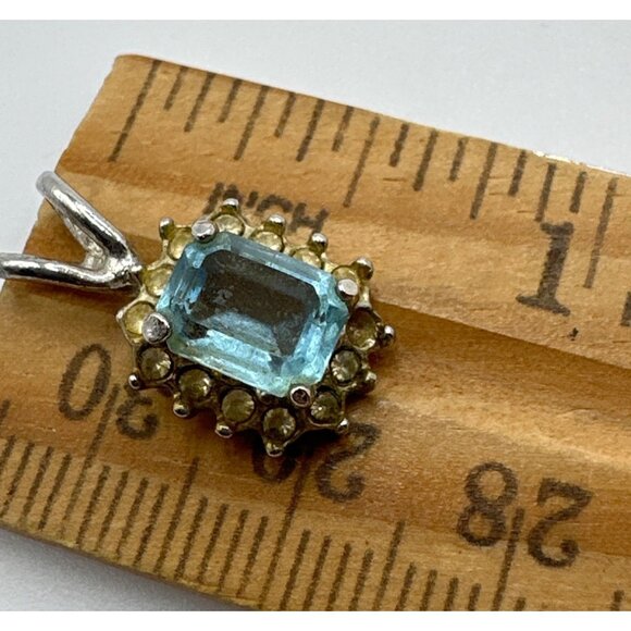 Dainty Faux Vintage Blue Pendant Aqua Glass Rhinestone Accents Silver Tone - Picture 6 of 6